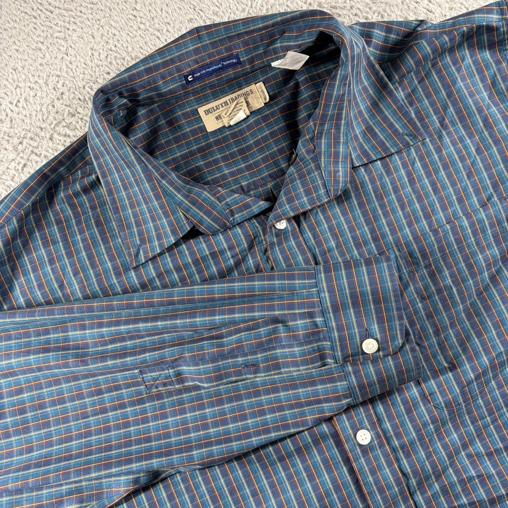 Duluth Magnaready Shirt Mens 2XL Blue Plaid Magnetic Buttons Wrinkle Fighter